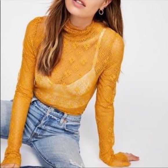 Free People Tops - Free People Sweet Memories Mesh Turtleneck Mustard